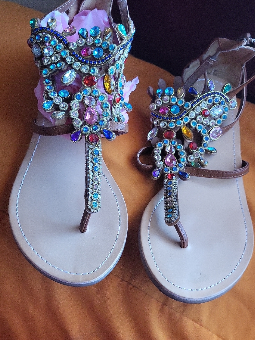 Yellow Box Brown Jeweled T-Strap Sandals with Multicolor Gems